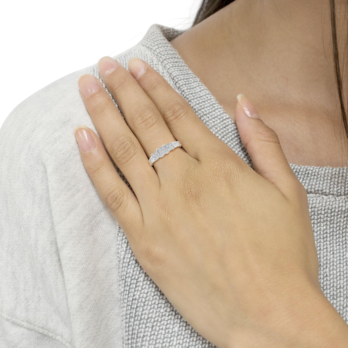 10K White Gold 1/2 Cttw Brilliant & Baguette Cut Diamond 3 Stone Design with 3 Square Clusters Engagement Ring (H-I Color, SI2-I1 Clarity) - JackiEaslick