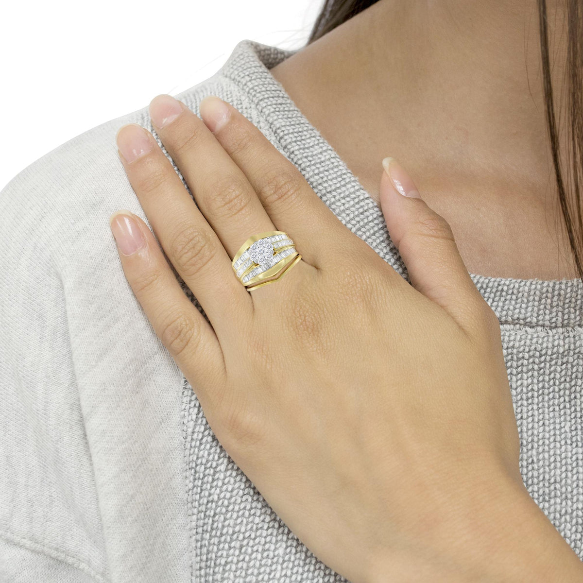 14K Yellow Gold 2-1/3 Cttw Diamond Cluster Channel Set Chevron Shaped Band Engagement Ring & Wedding Band Set (H-I Color, SI1-SI2 Clarity)- - JackiEaslick