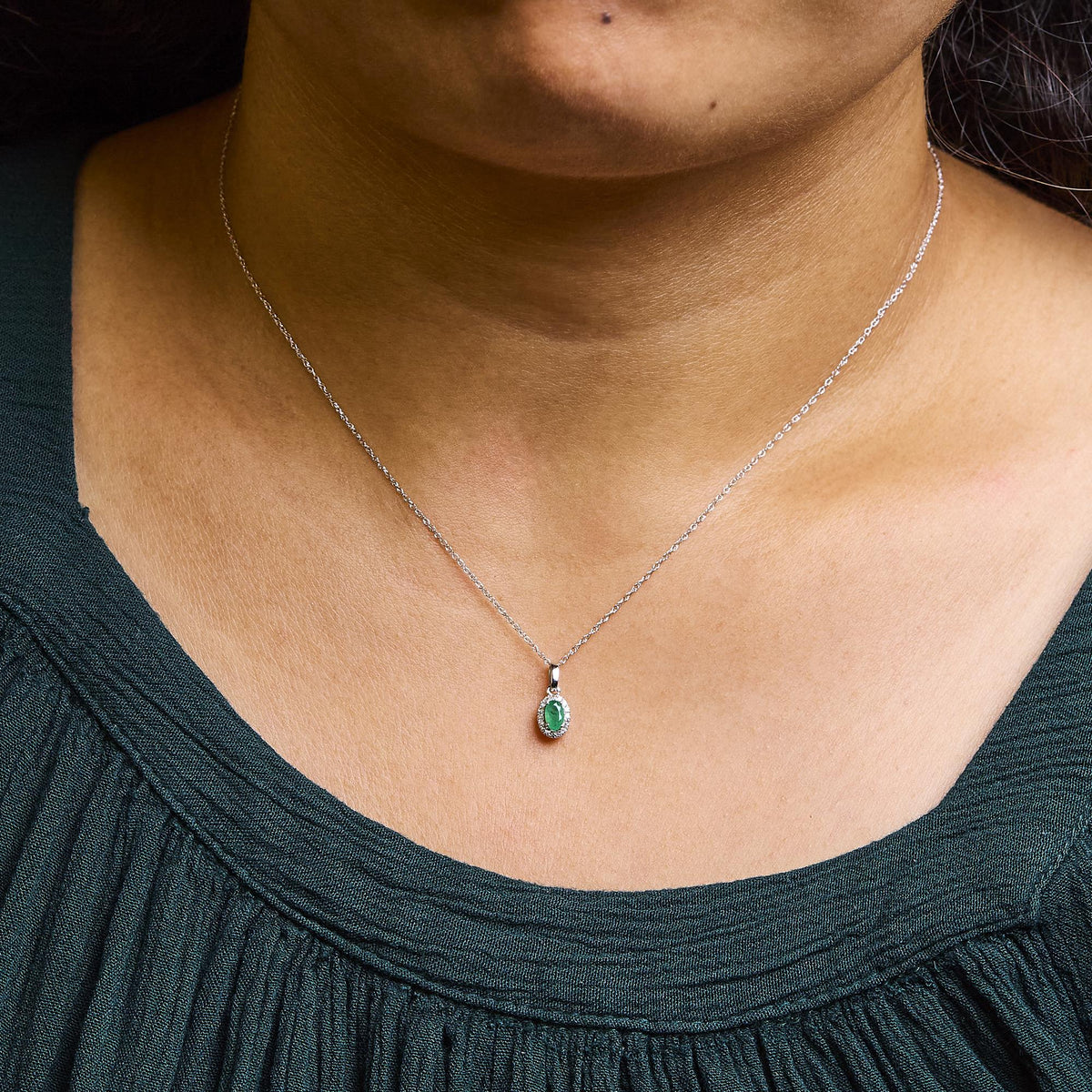 10K White Gold 5x3mm Gemstone and Diamond Accent Halo Oval Shape 18" Pendant Necklace (I-J Color, I1-I2 Clarity)