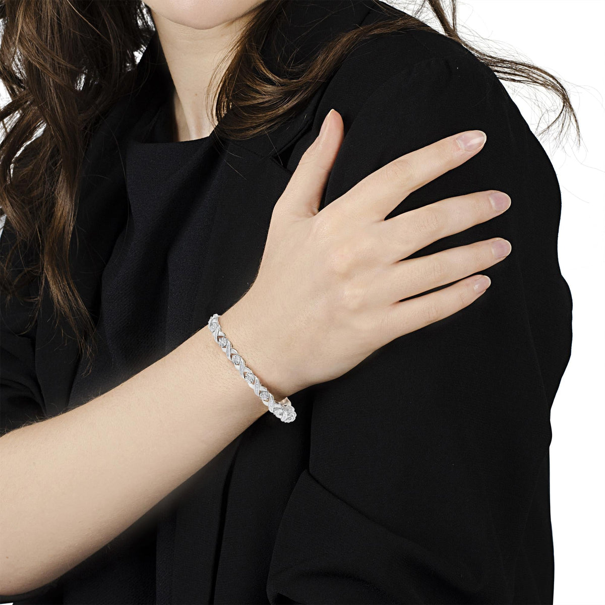 .925 Sterling Silver 1.0 Cttw Round-Brilliant and Baguette Cut Diamond Miracle-Set X-Link 7" Tennis Bracelet (I-J Color, I2-I3 Clarity) - JackiEaslick