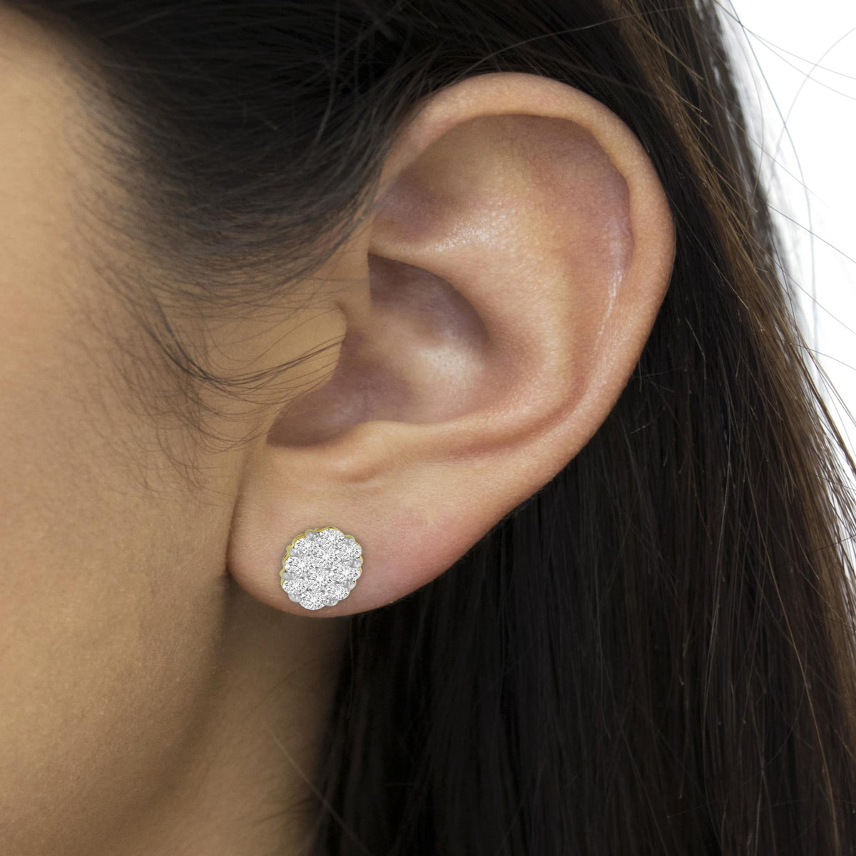 18K Yellow Gold 1 cttw Flower Diamond Stud Earrings (H-I, I1-I2) - JackiEaslick
