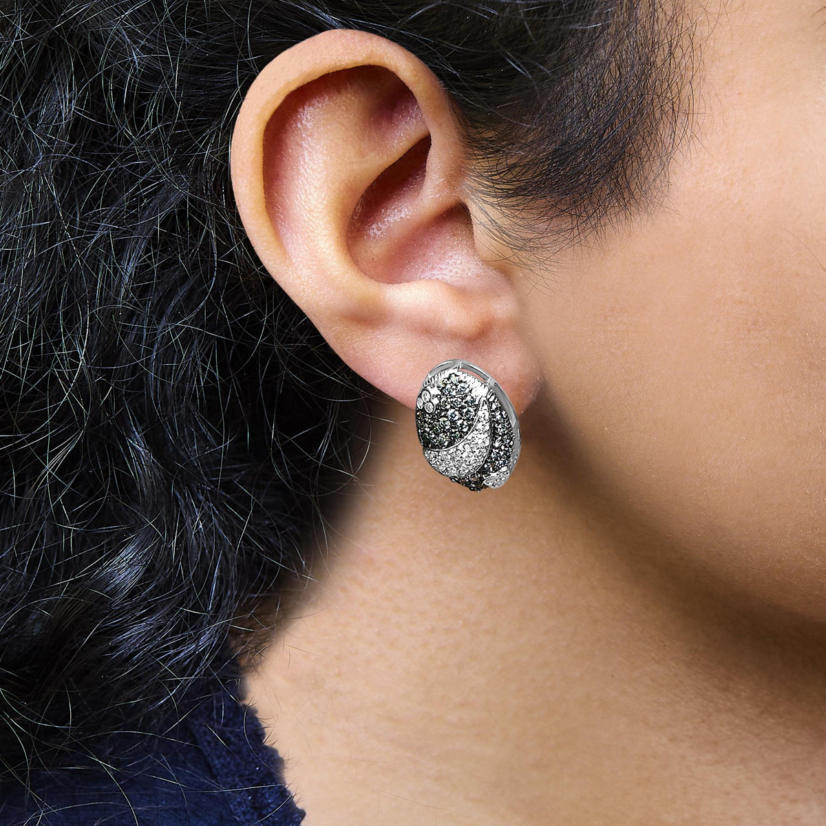 14K White Gold 2.00 Cttw White and Treated Blue Diamond Oval Shield Omega Back Earrings (H-I Color, SI1-SI2 Clarity)
