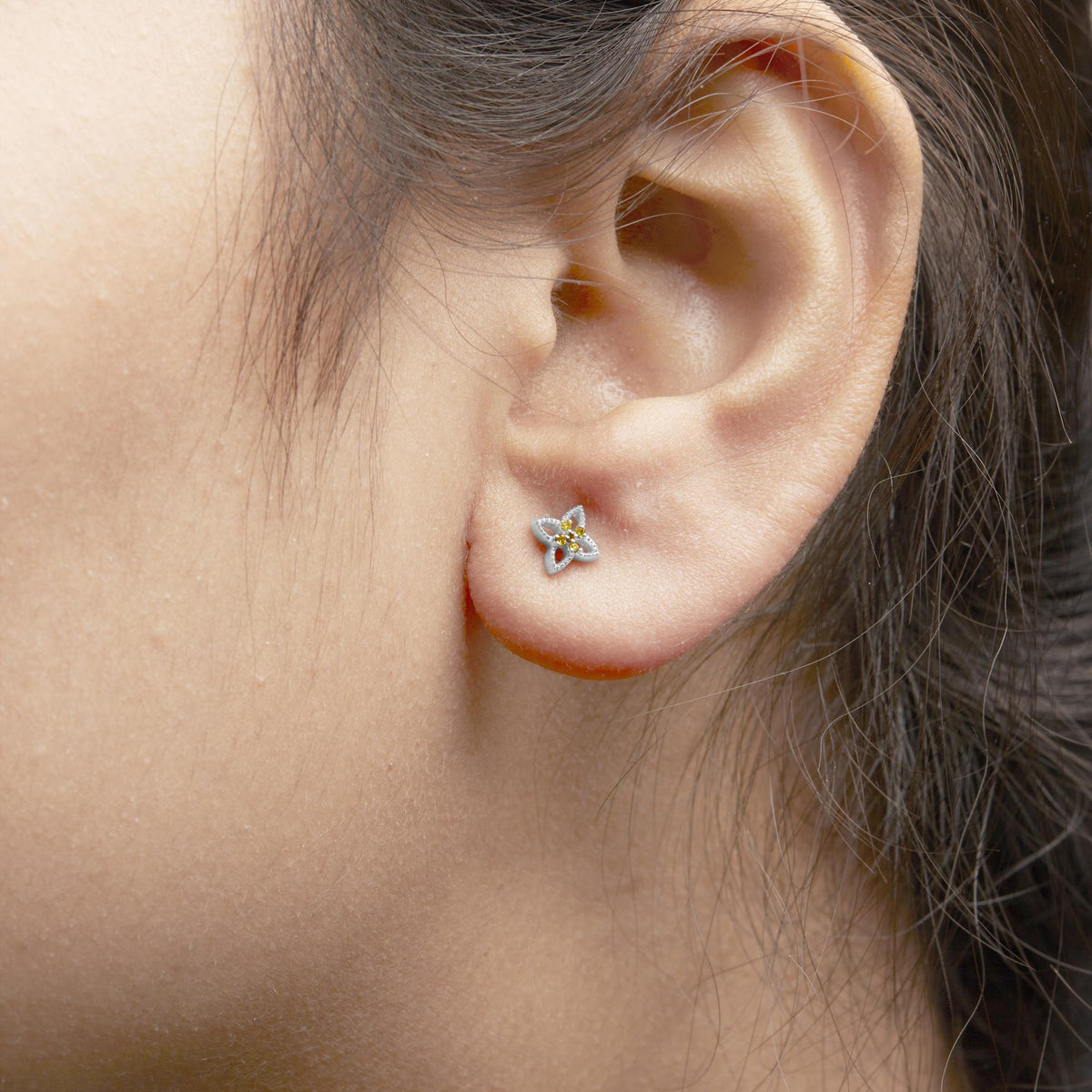 925 Sterling Silver Yellow Diamond Accent 4 Petal Flower Stud Earring (Yellow Color, SI1-SI2 Clarity)