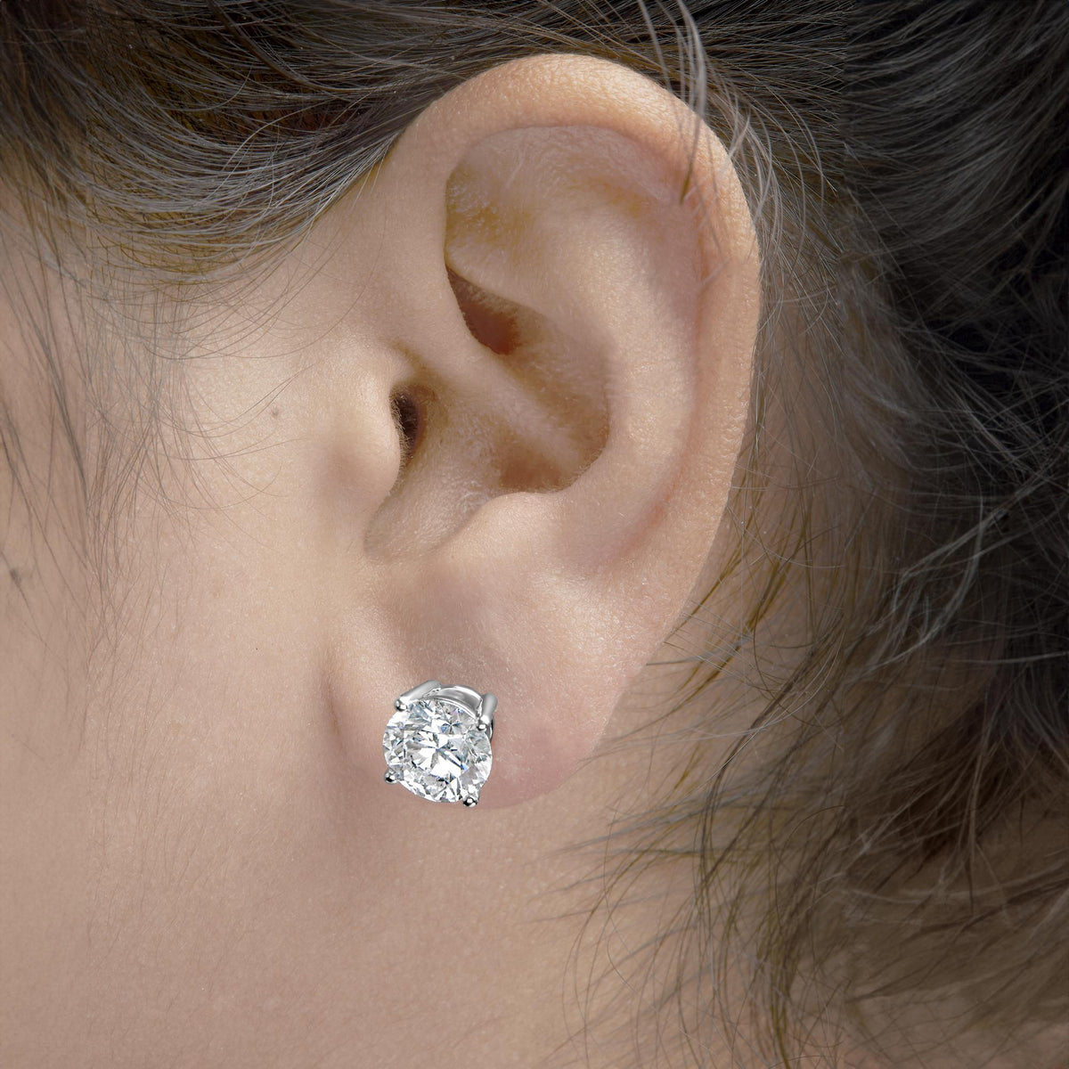 14K White Gold Round Brilliant-Cut Lab Grown Diamond Classic 4-Prong Stud Earrings with Screw Backs