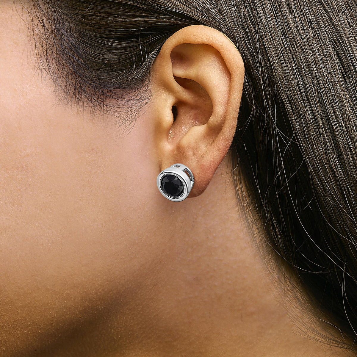 .925 Sterling Silver Round Brilliant-Cut Black Diamond Bezel-Set Stud Earrings with Screw Backs (Fancy Color-Enhanced, I2-I3 Clarity)
