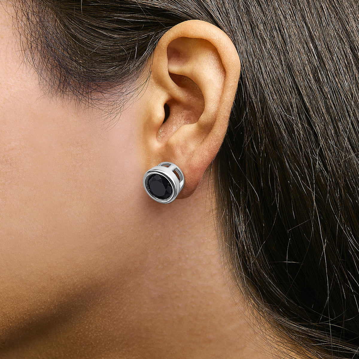 .925 Sterling Silver Round Brilliant-Cut Black Diamond Bezel-Set Stud Earrings with Screw Backs (Fancy Color-Enhanced, I2-I3 Clarity)