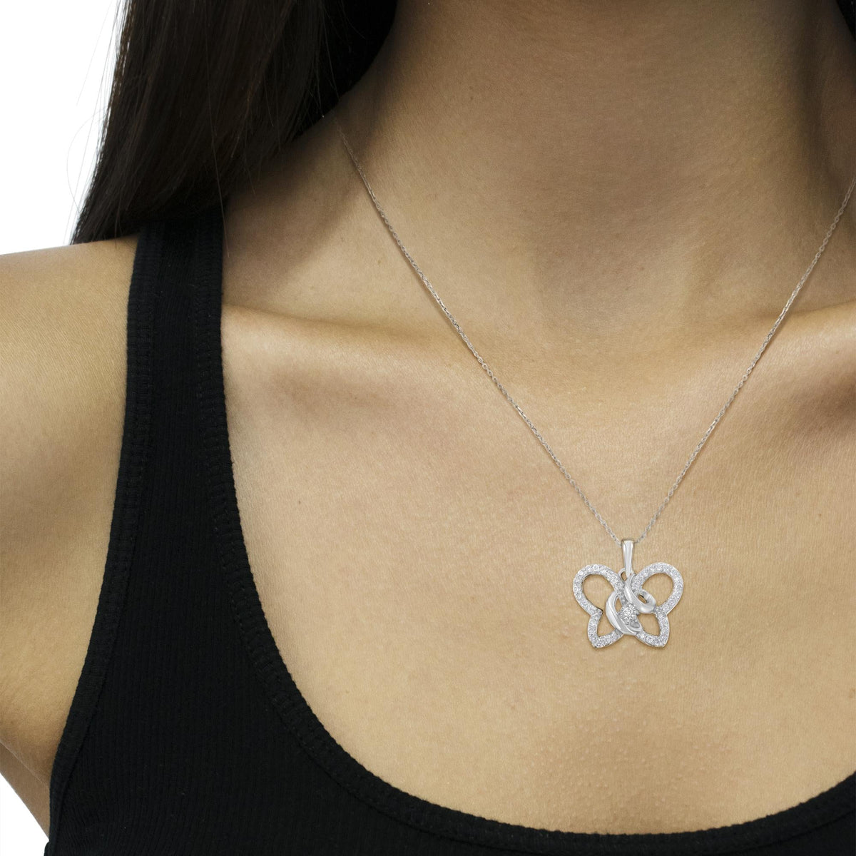 .925 Sterling Silver 1/4 cttw Prong-Set Diamond Butterfly 18" Pendant Necklace (H-I Color, I1-I2 Clarity)