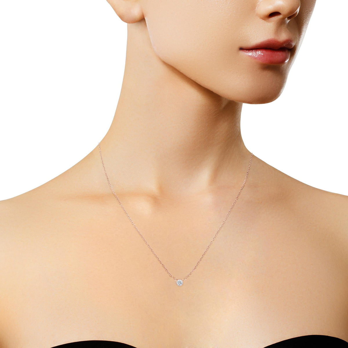 10K Rose Gold 3/10 Carat Round Brilliant-Cut Diamond Modern Bezel-Set Solitaire 16"-18" Pendant Necklace (H-I Color, SI2-I1 Clarity) - JackiEaslick