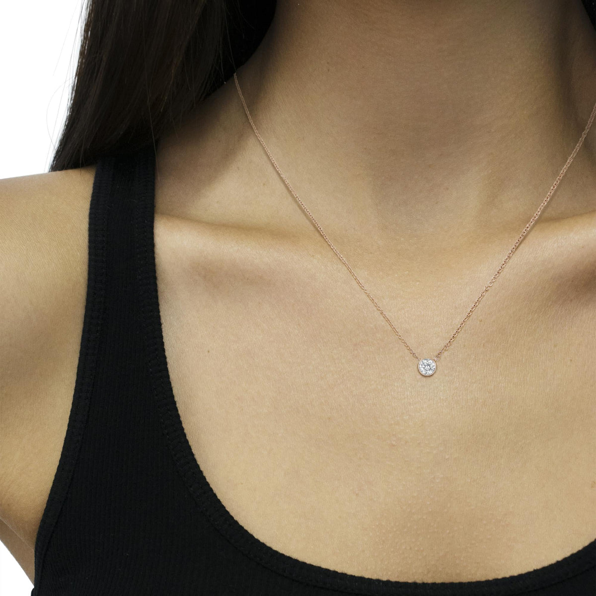 10K Rose Gold 1/2 Carat Round Brilliant-Cut Diamond Modern Bezel-Set Solitaire 16"-18" Pendant Necklace (H-I Color, SI2-I1 Clarity) - JackiEaslick