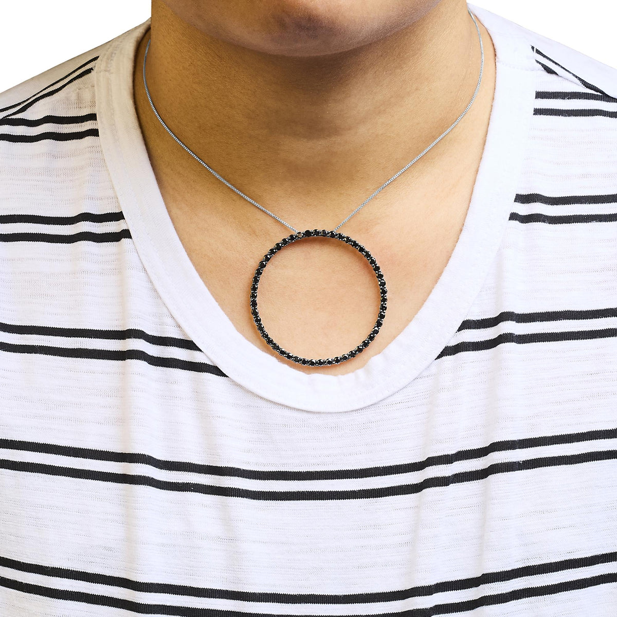 .925 Sterling Silver Black Diamond Open Hoop Circle 18" Pendant Necklace (Black Color, I2-I3 Clarity)