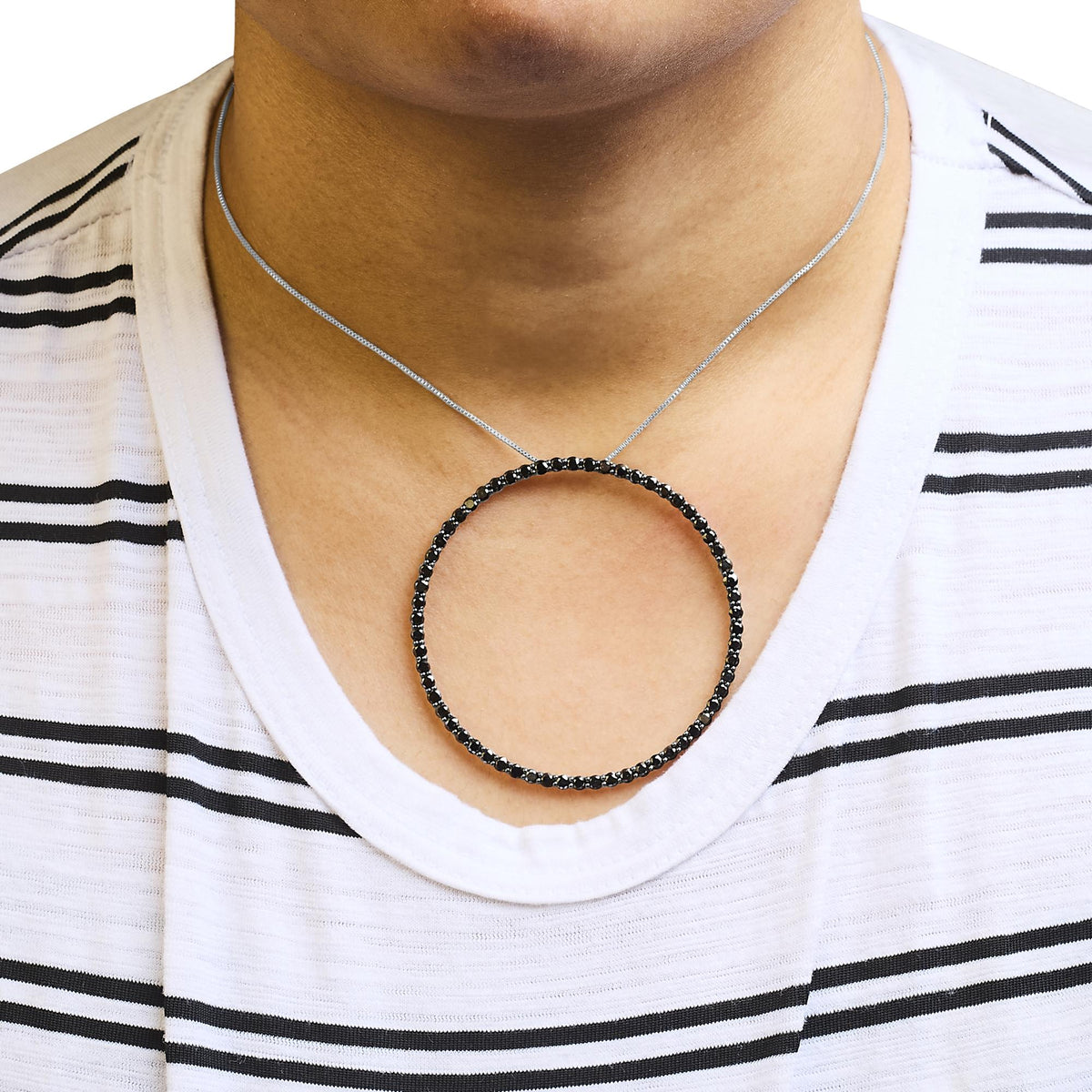 .925 Sterling Silver Black Diamond Open Hoop Circle 18" Pendant Necklace (Black Color, I2-I3 Clarity)
