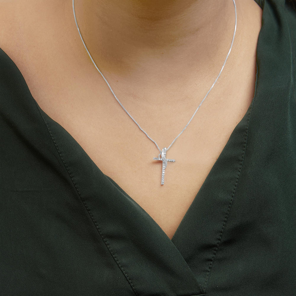 .925 Sterling Silver 1/4 Cttw Diamond Ribbon Swirl over Cross Pendant Necklace (H-I Color, I2-I3 Clarity) - 18" Inches