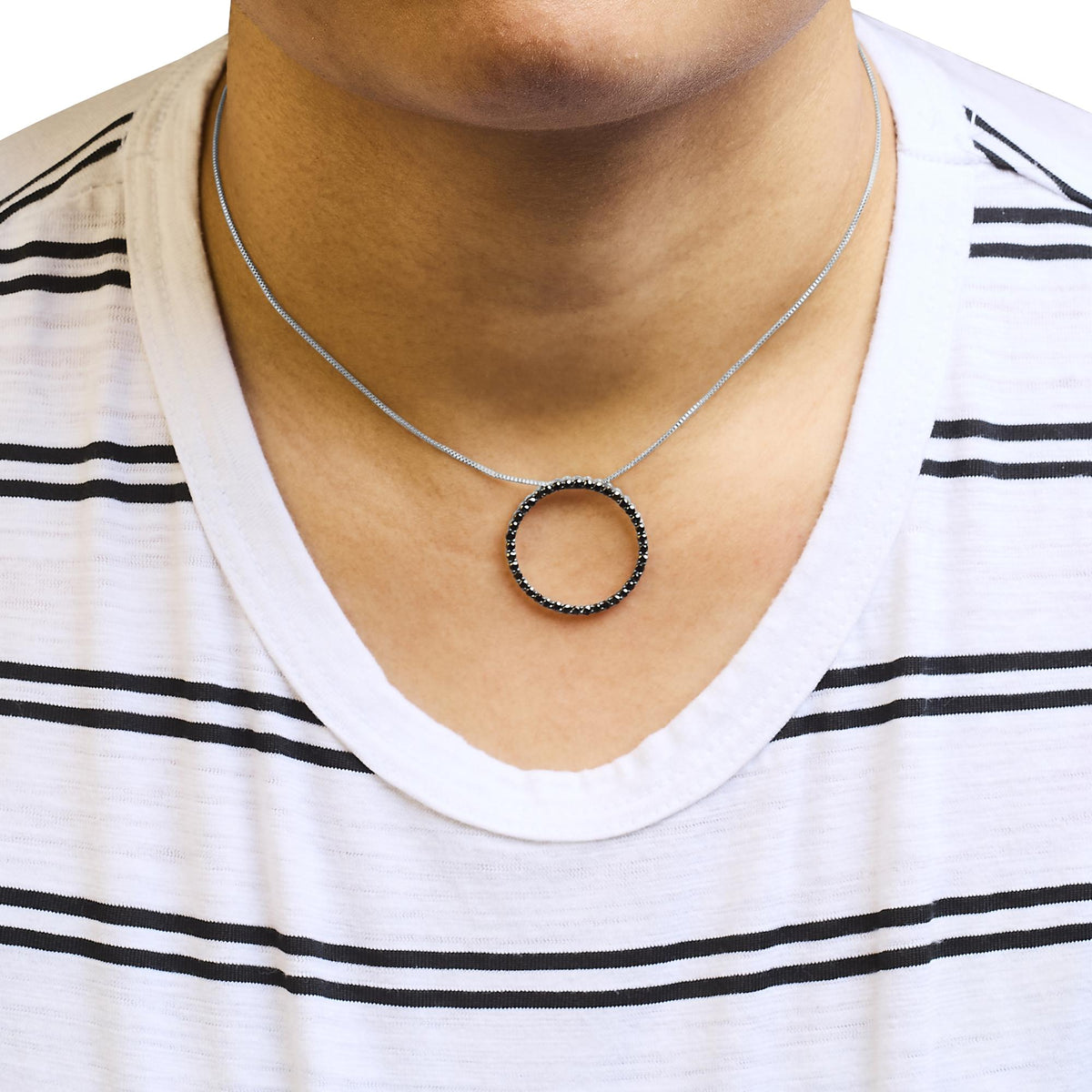 .925 Sterling Silver Black Diamond Open Hoop Circle 18" Pendant Necklace (Black Color, I2-I3 Clarity)