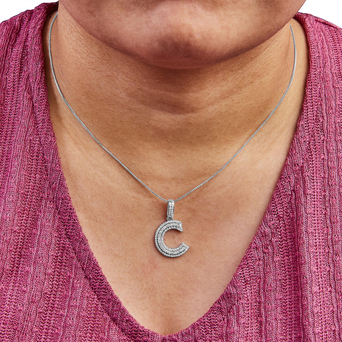 .925 Sterling Silver 4/5 Cttw Round Lab-Grown Diamond "C" Pendant Necklace - 18" (F-G Color, VS2-SI1 Clarity)