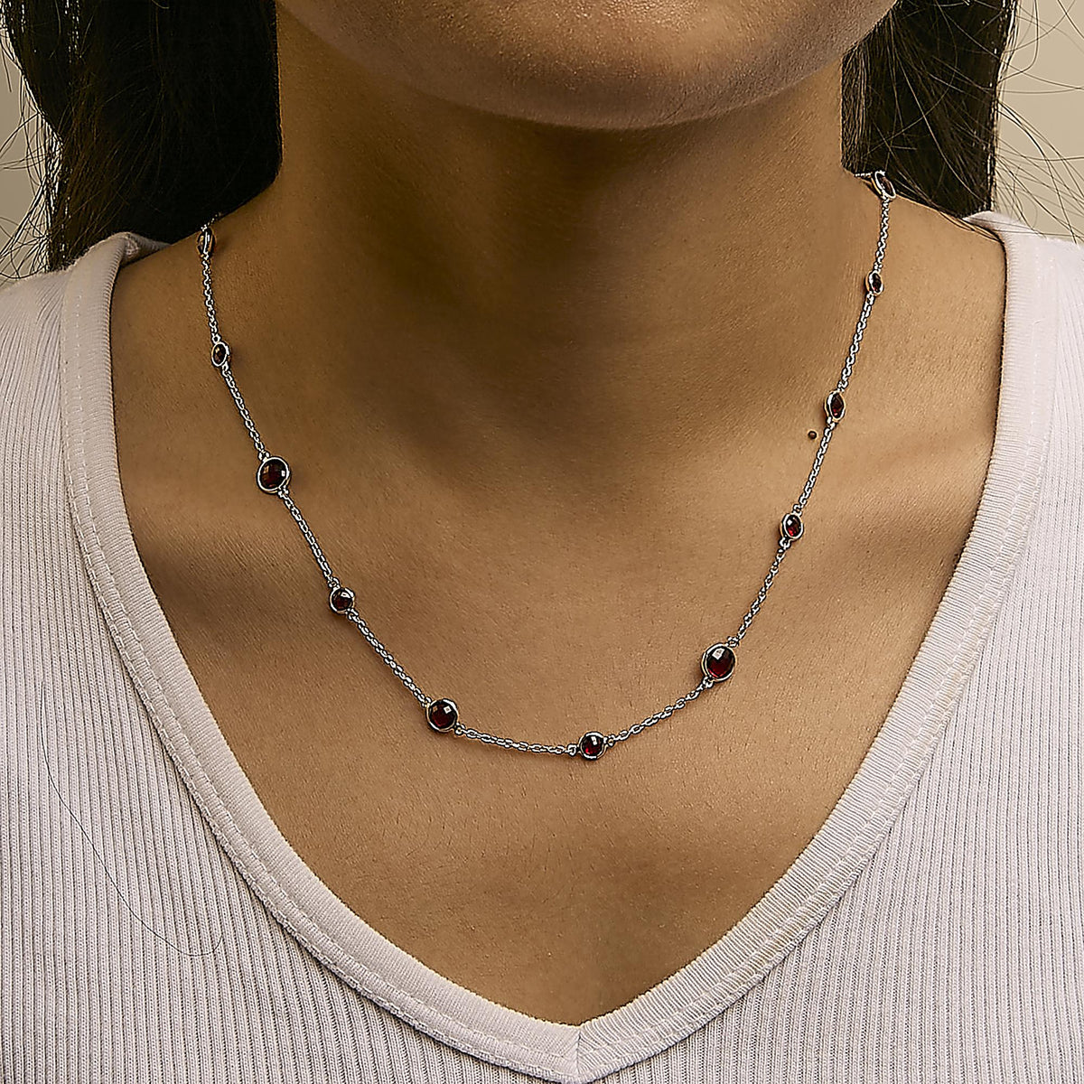 .925 Sterling Silver Checkerboard Cut Red Garnet Bezel Station Necklace - 22" Inches