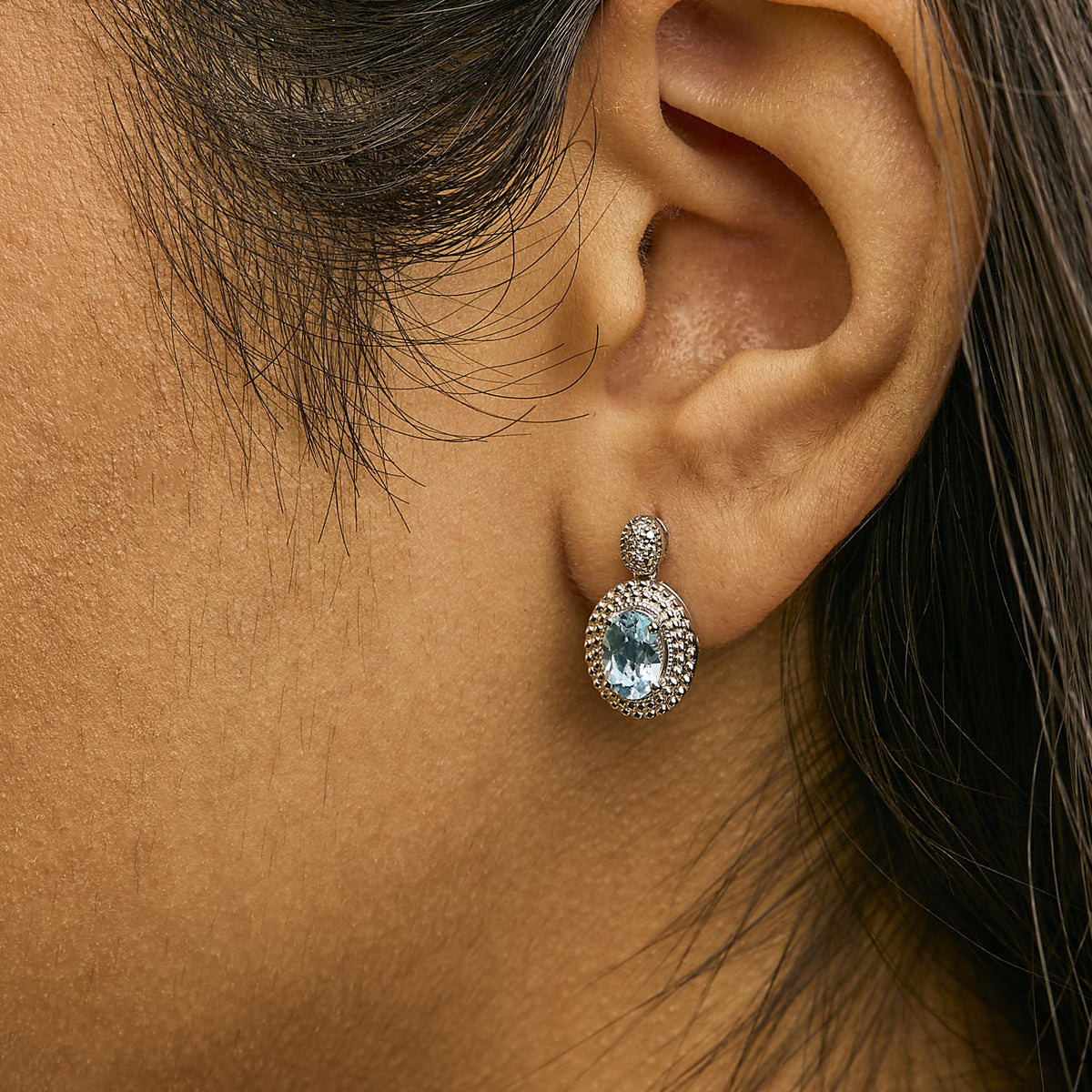 .925 Sterling Silver Diamond Accent and  Oval Blue Topaz with Beaded Halo Drop Stud Earrings (I-J color, I1-I2 Clarity)