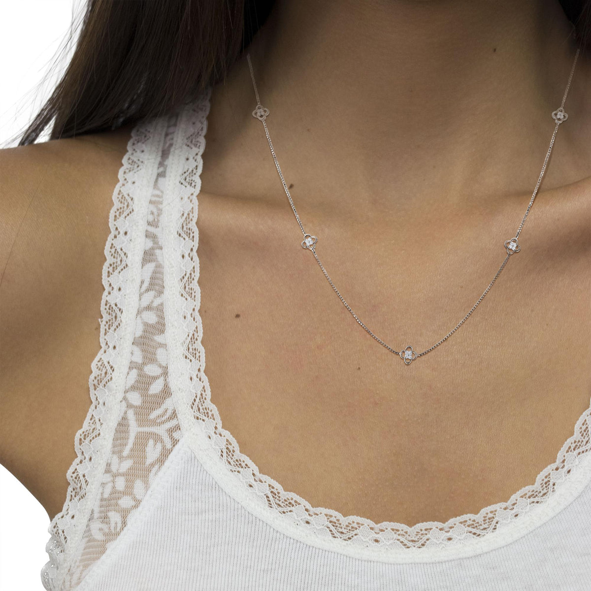 .925 Sterling Silver 1/4 Cttw Diamond Open Quatrefoil Flower Floating Station 18" Necklace (I-J Color, I1-I2 Clarity) - JackiEaslick
