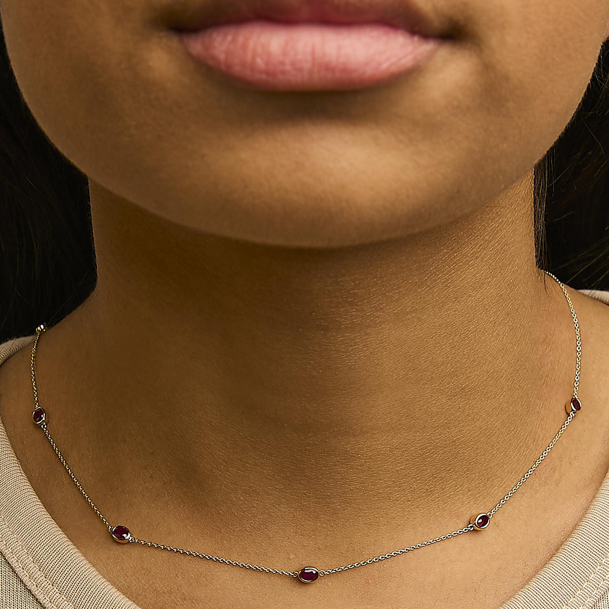 14K Yellow Gold Bezel Set 4x3 mm Oval Red Ruby Station Necklace - 18 Inches