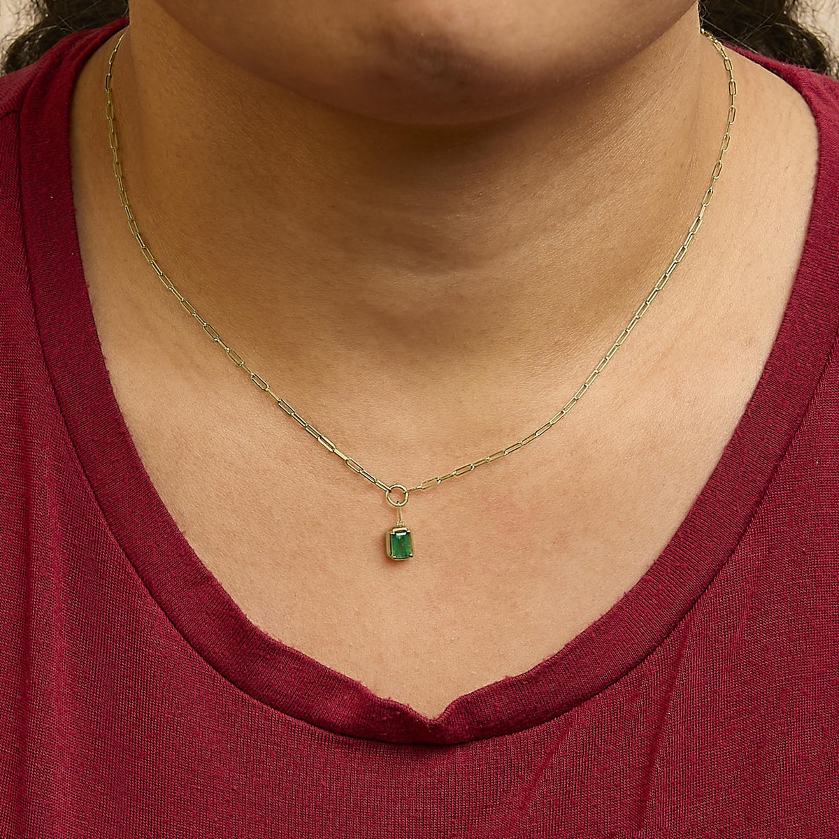 10K Yellow Gold Emerald Cut 6x4 MM Green Emerald Solitaire Pendant Necklace - 18 inch