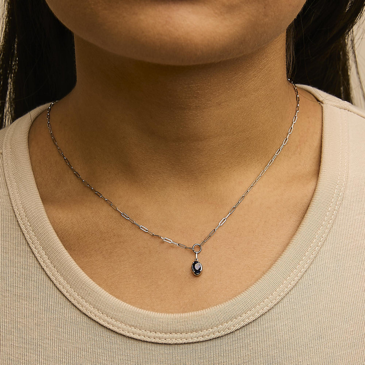 10K White Gold 6x4 mm Oval Blue Sapphire Solitaire Paperclip Pendant Necklace - 18" Inches