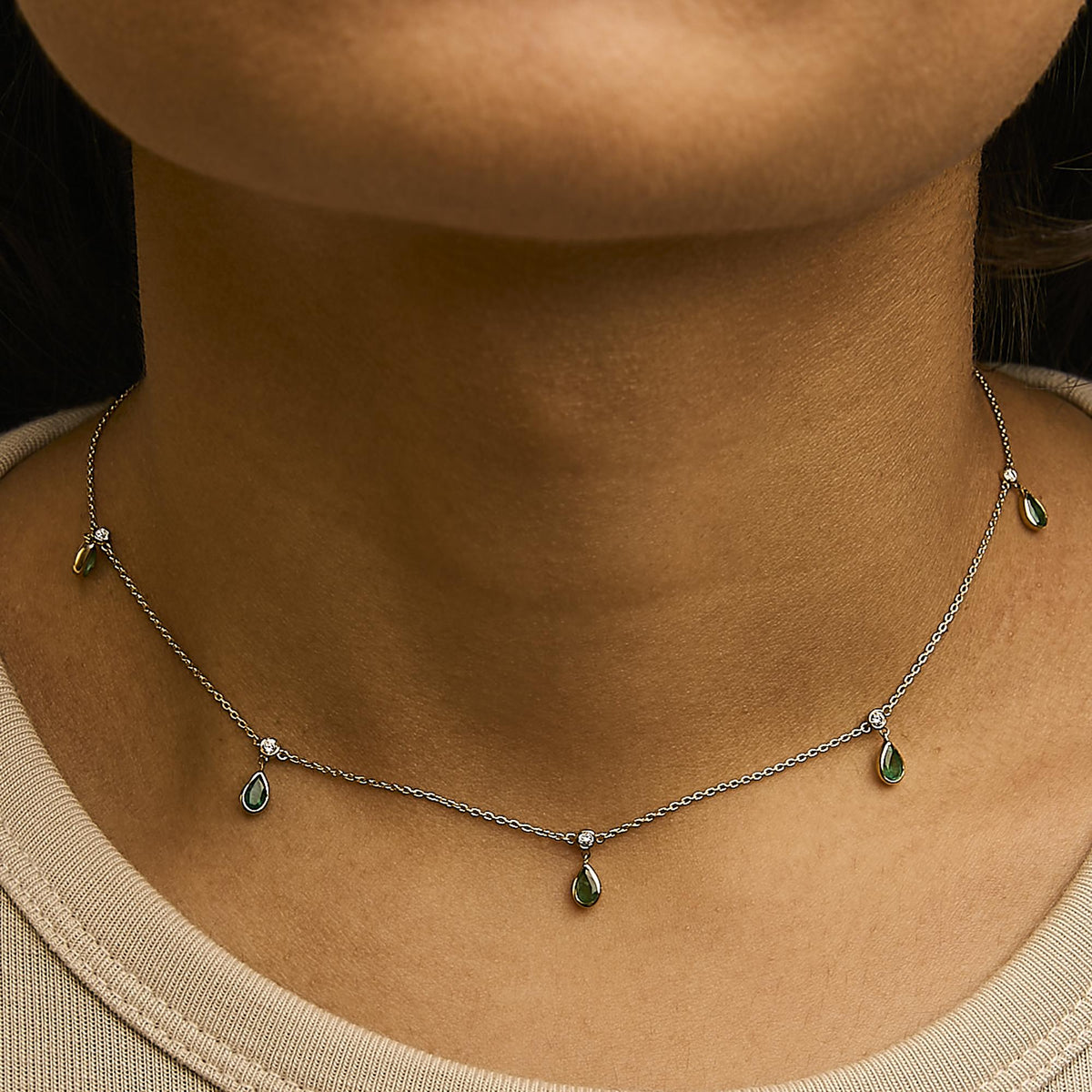 10K Yellow Gold Dangling 5x3 mm Green Emerald and Diamond Station Necklace - 18" Inches