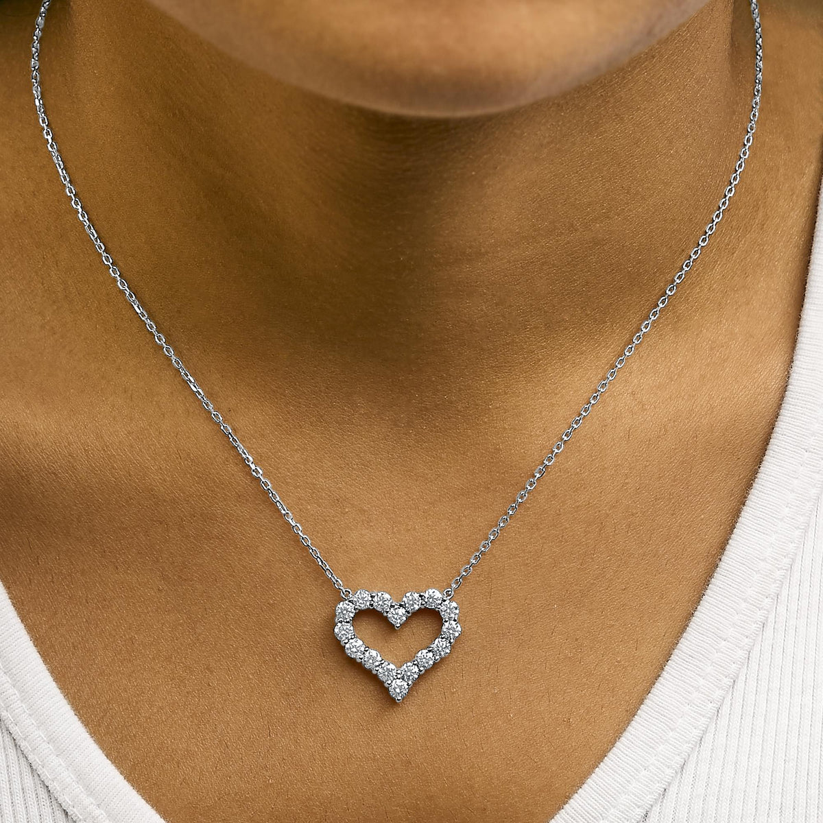 14K White Gold 1 1/2 Cttw Lab Grown Diamond Open Heart Pendant Necklace - 17" Inches