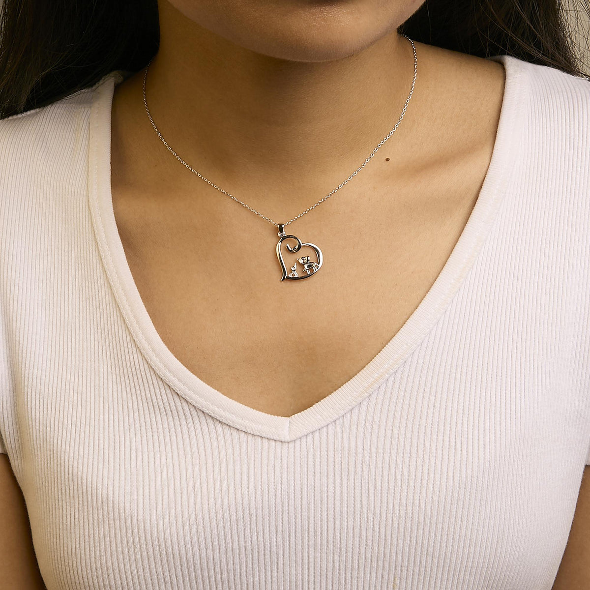 .925 Sterling Silver Double Elephant Diamond Accent Heart Pendant Necklace - Size 18 Inches (J-K Color, I2-I3 Clarity)