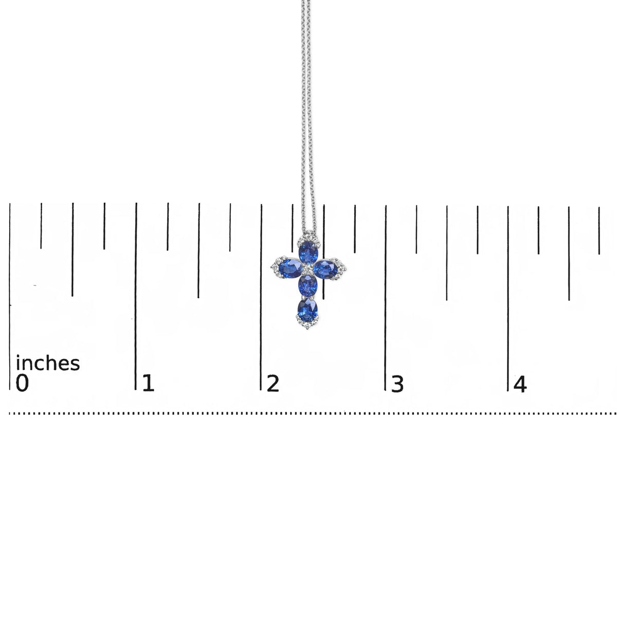 18K White Gold 3x4 MM Oval Blue Sapphire and Diamond Cross Pendant Necklace - 18" Inches
