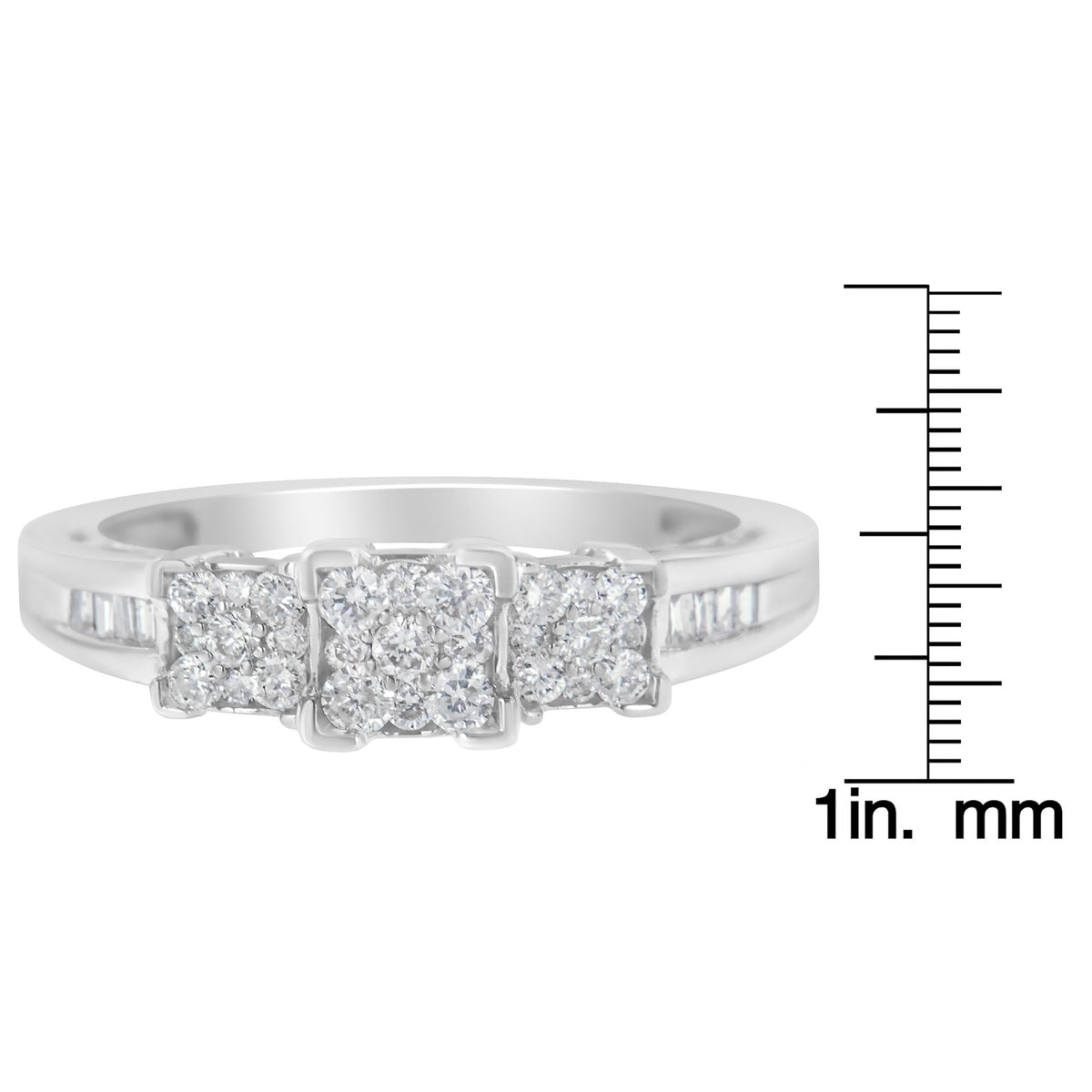 10K White Gold 1/2 Cttw Brilliant & Baguette Cut Diamond 3 Stone Design with 3 Square Clusters Engagement Ring (H-I Color, SI2-I1 Clarity) - JackiEaslick