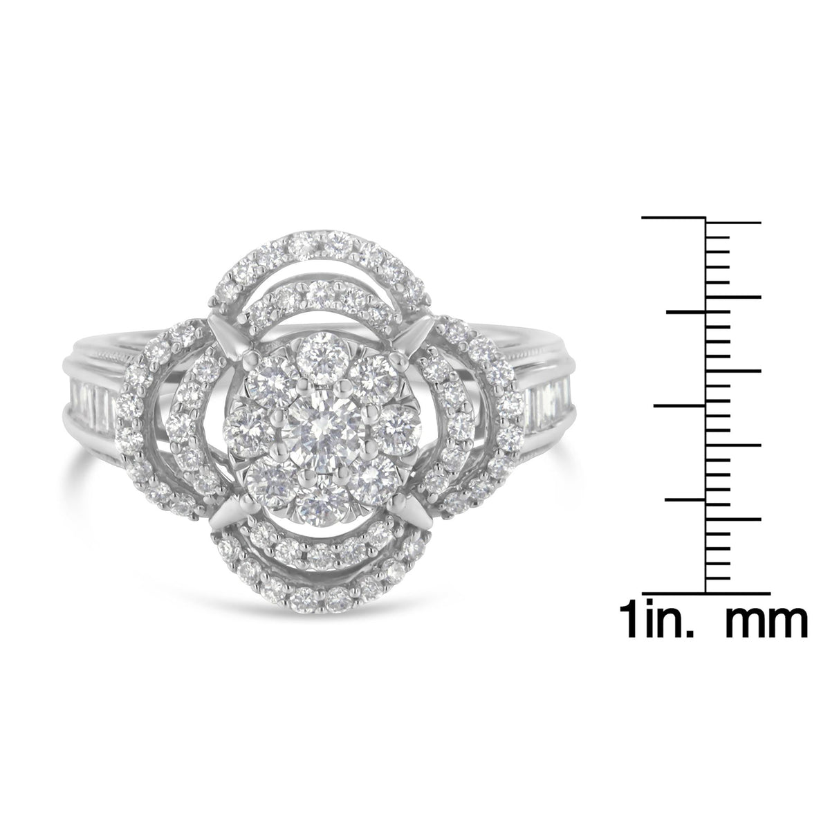 14K White Gold 1.0 Cttw Round & Baguette Cut Diamond Floral Cluster Quatrefoil Channel Set Band Cocktail Statement Ring (H-I Color, SI2-I1 Clarity) - JackiEaslick