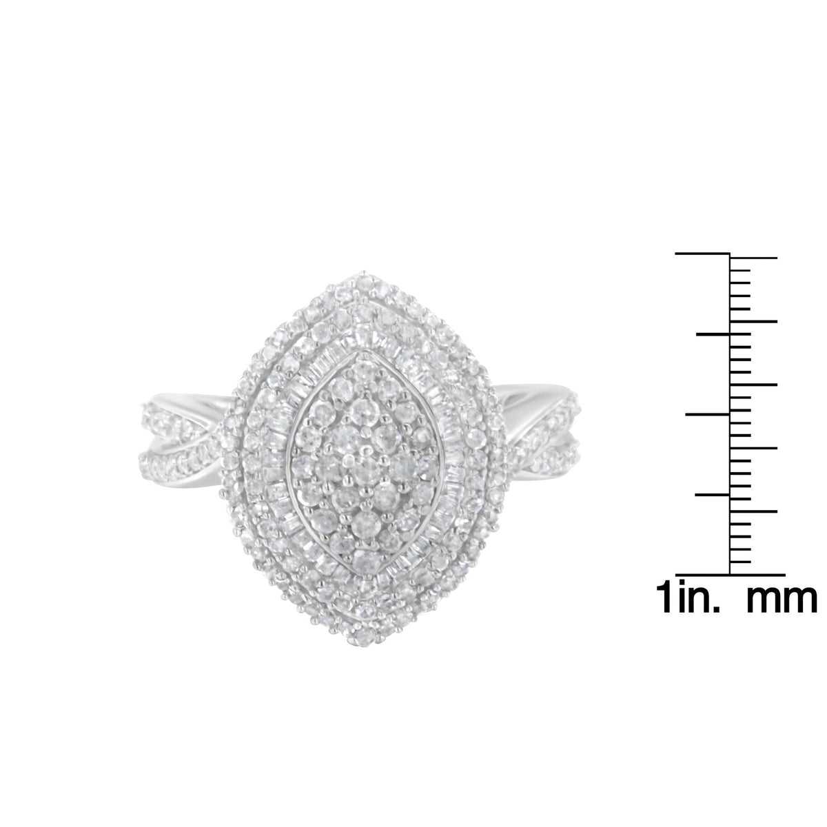 .925 Sterling Silver 1.0 Cttw Round & Baguette-Cut Diamond Marquise-Shaped Cluster Triple Stepped Halo Cocktail Fashion Ring (I-J Color, I2-I3 Clarity) - JackiEaslick