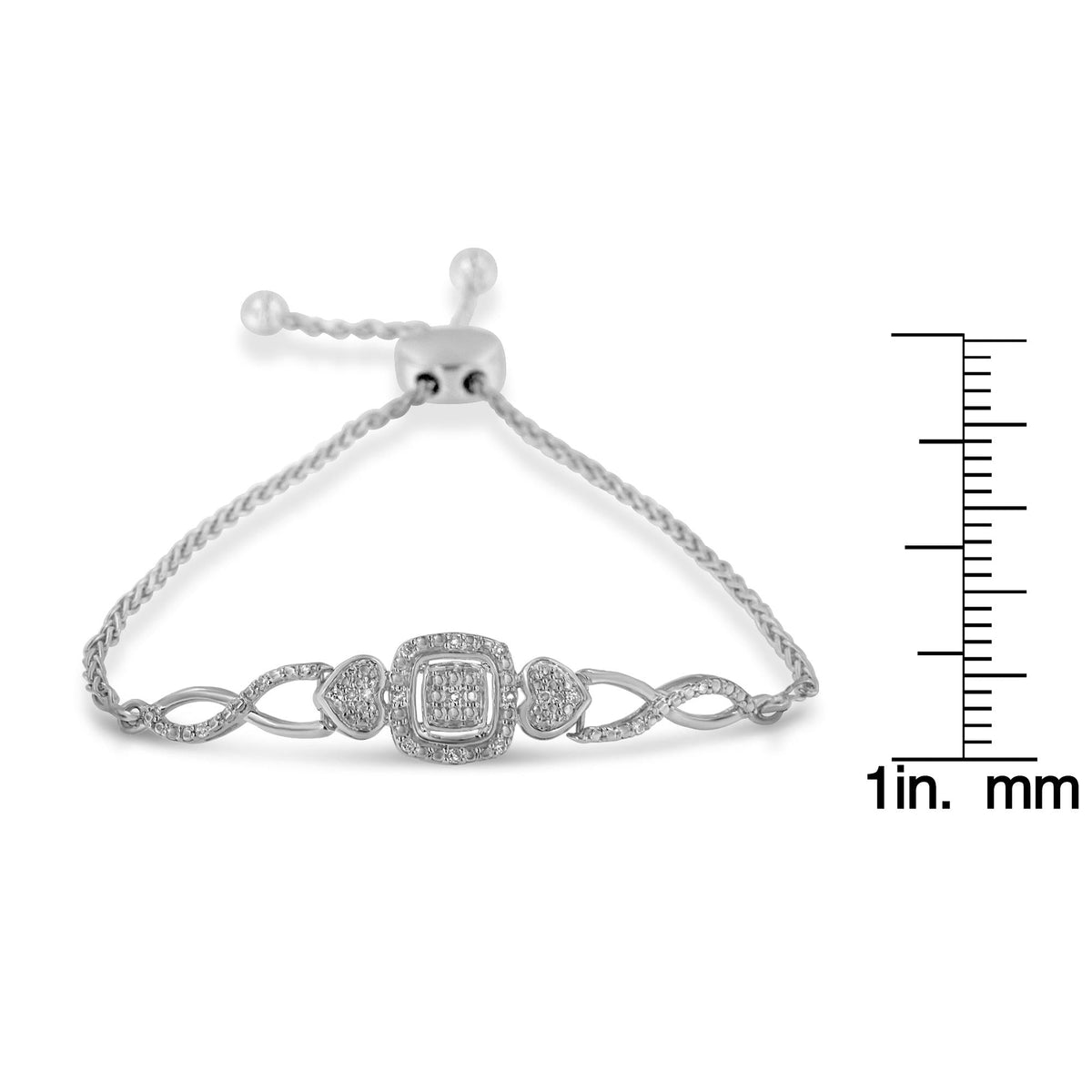.925 Sterling Silver Diamond Cushion Frame Heart-Sides Twist 4”-10” Adjustable Bolo Tennis Bolo Bracelet (I-J Color, I3 Clarity) - JackiEaslick