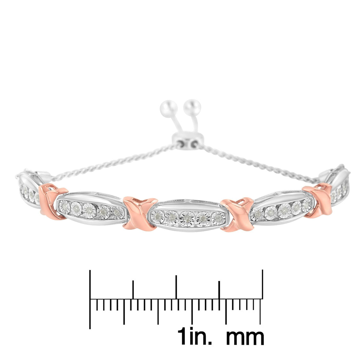 .925 Sterling Silver 1/4 Cttw Round-Cut Diamond X & Tapered Bar Miracle-Set Bolo Bracelet (I-J Color, I3 Clarity) - Two Tone Rose Gold & Silver - JackiEaslick