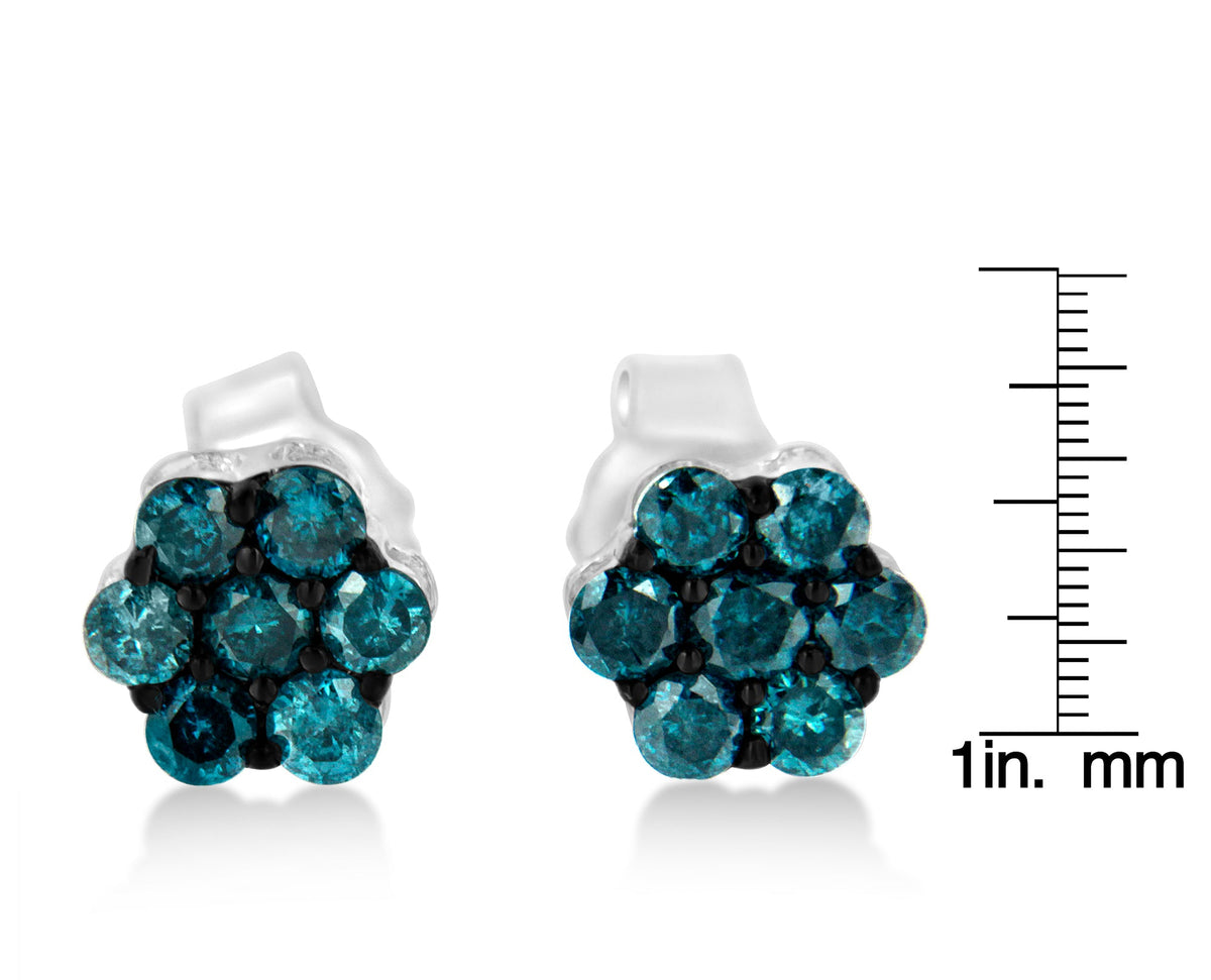 Sterling Silver Treated Blue Diamond Floral Stud Earrings (1/2 cttw, Blue Color, I2-I3 Clarity) - JackiEaslick