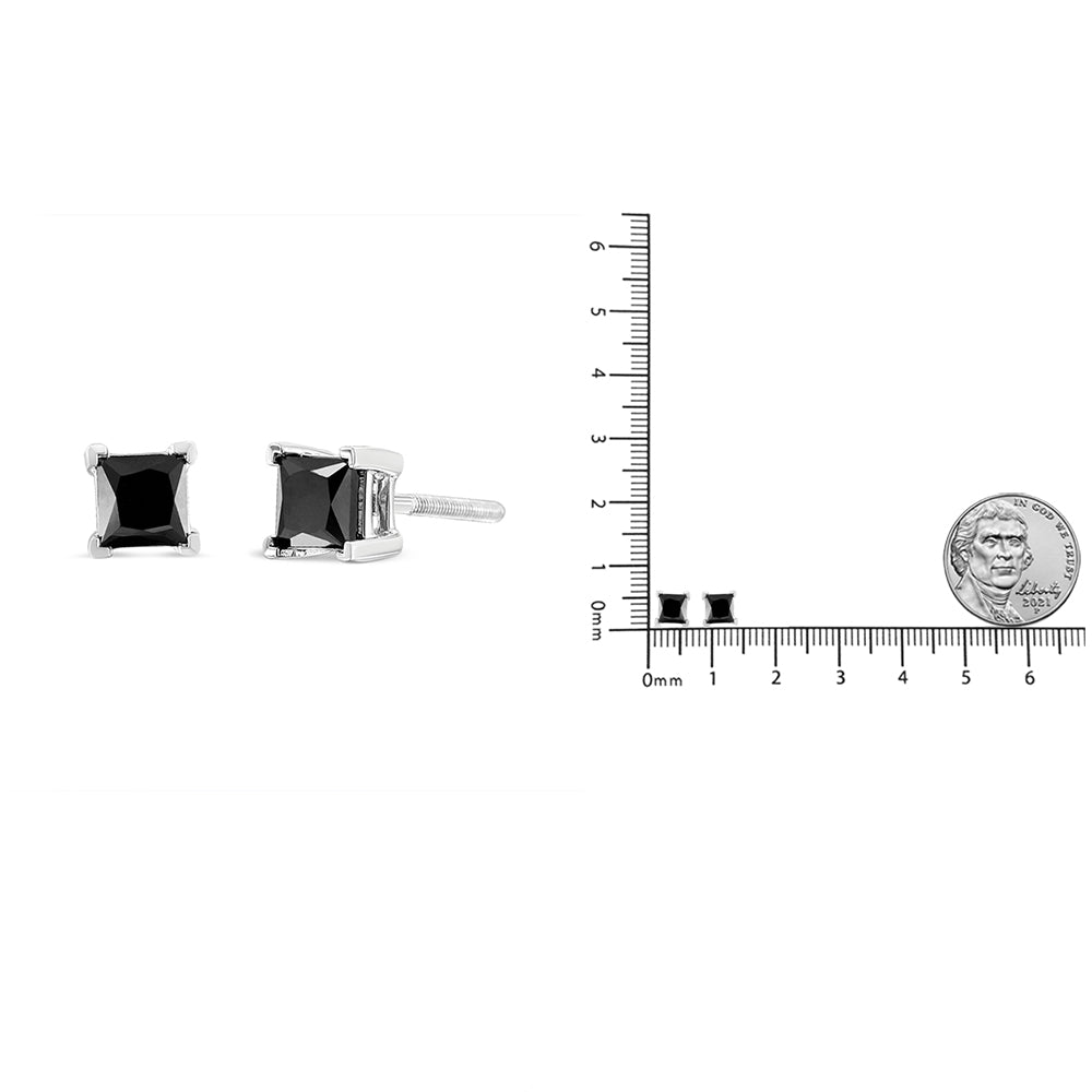 .925 Sterling Silver Princess-Cut Square Black Diamond Classic 4-Prong Stud Earrings with Screw Backs