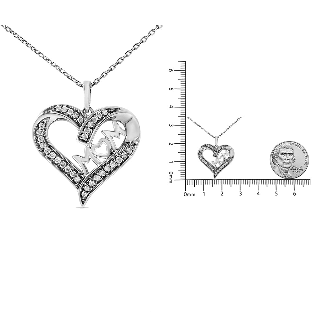 .925 Sterling Silver 1/4 cttw Diamond Engraved "Mom" in Heart Pendant Necklace (I-J Color, I3 Clarity) - JackiEaslick