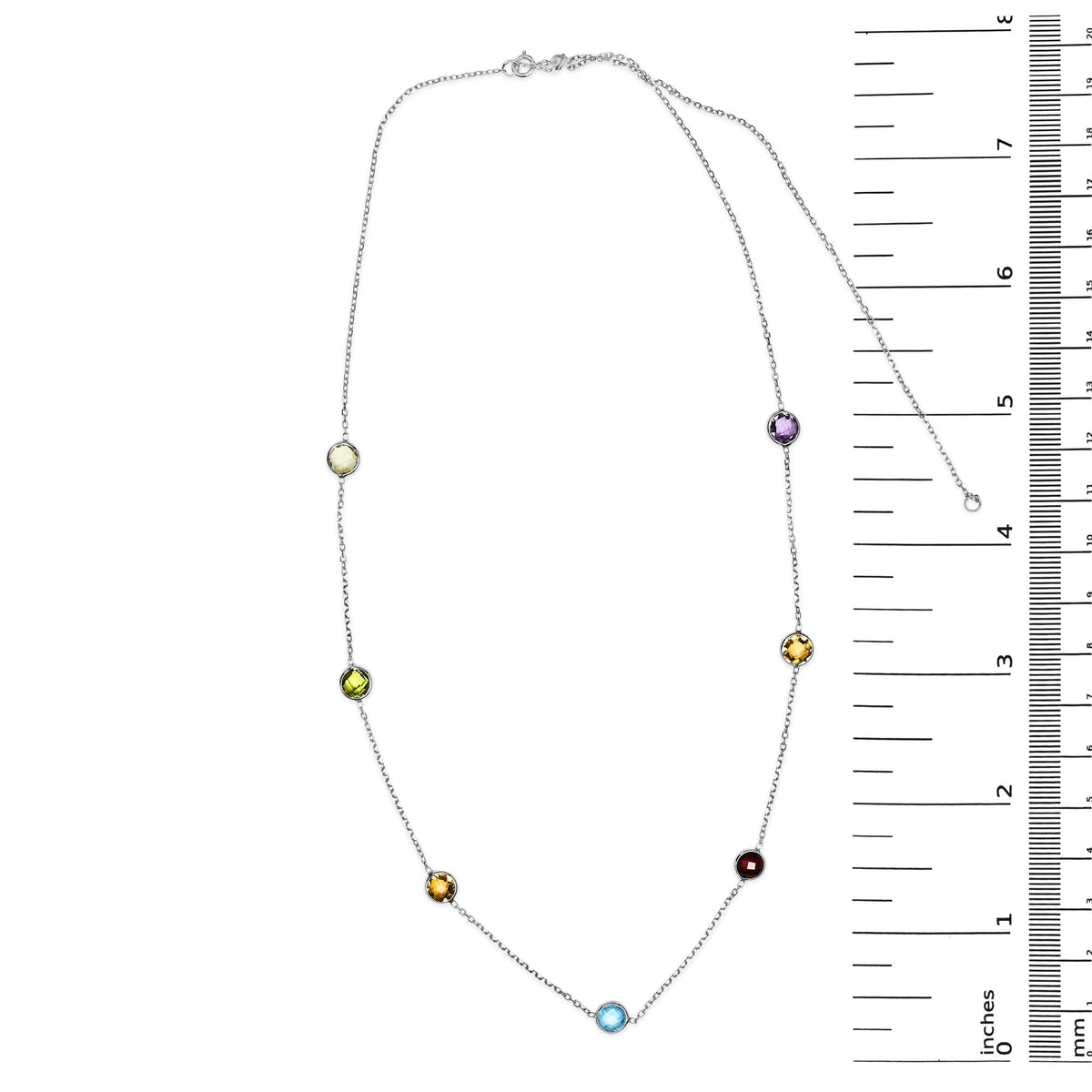 14K White Gold Bezel Set Mixed Gemstone 7 Station Adjustable 18"-24" Necklace